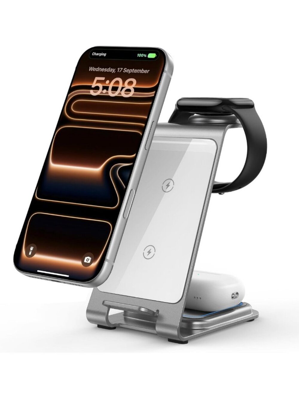 3-in-1 Wireless Charging Station for iPhone, Apple Watch & AirPods - Silver